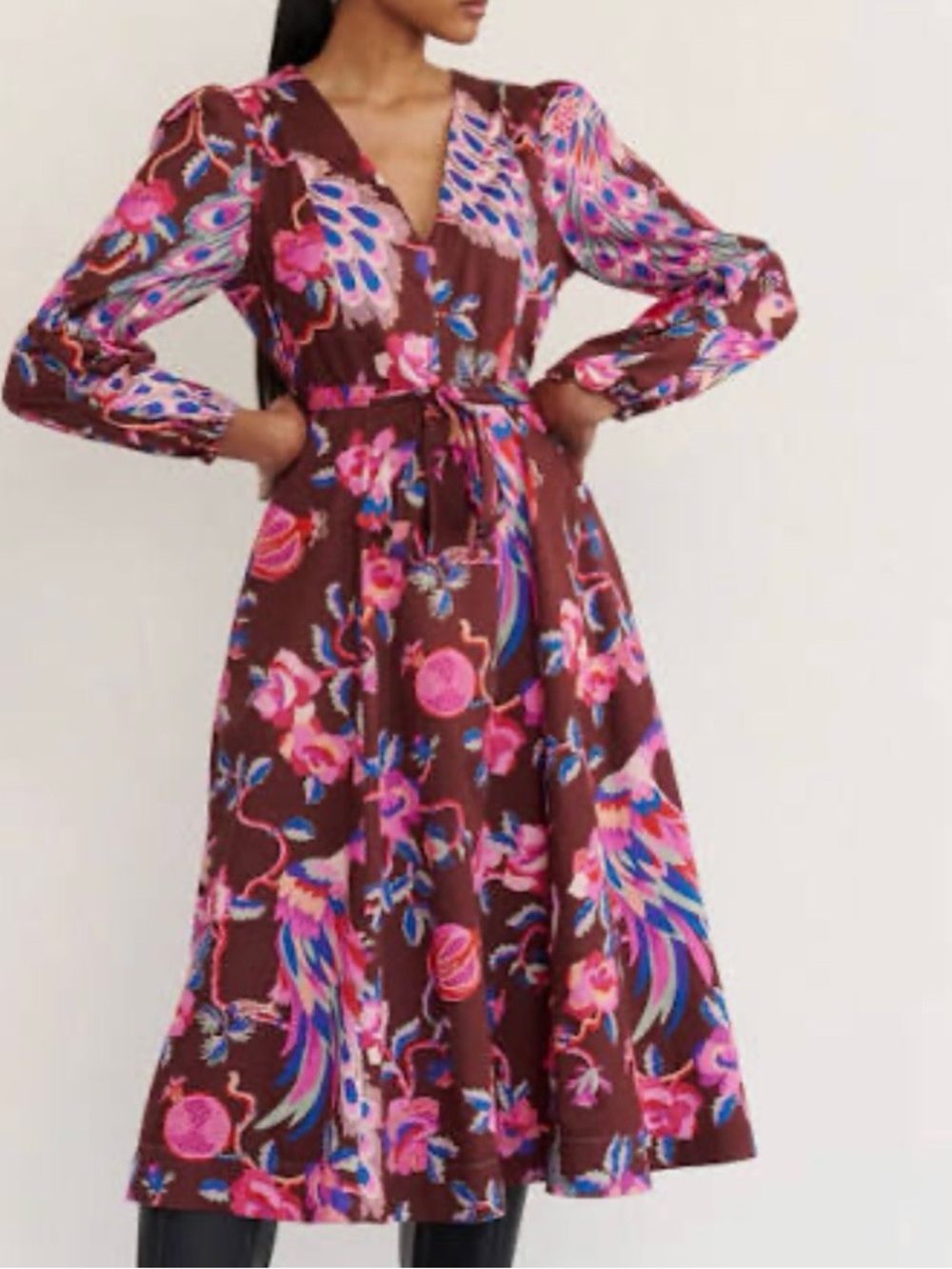 Banjanan Burgundy Zora Bukhara Rum Midi Dress with Pink and Blue Floral Pattern
